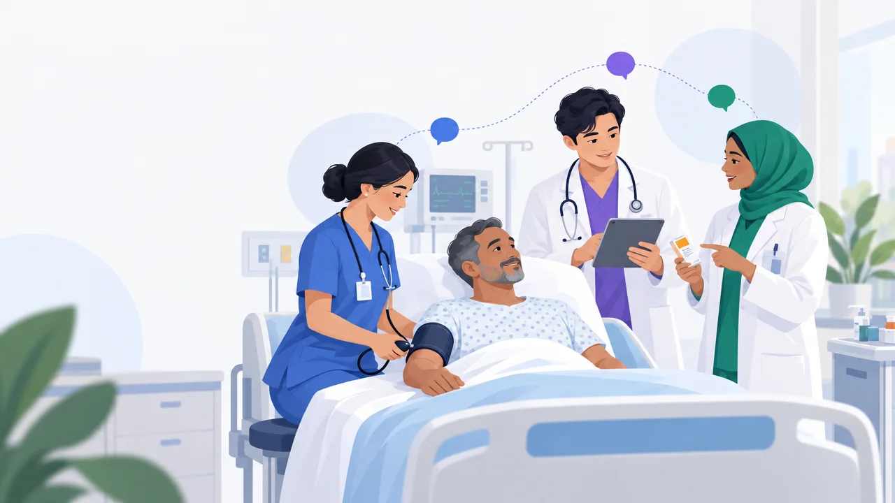 A nurse, physician and pharmacist caring for one patient together